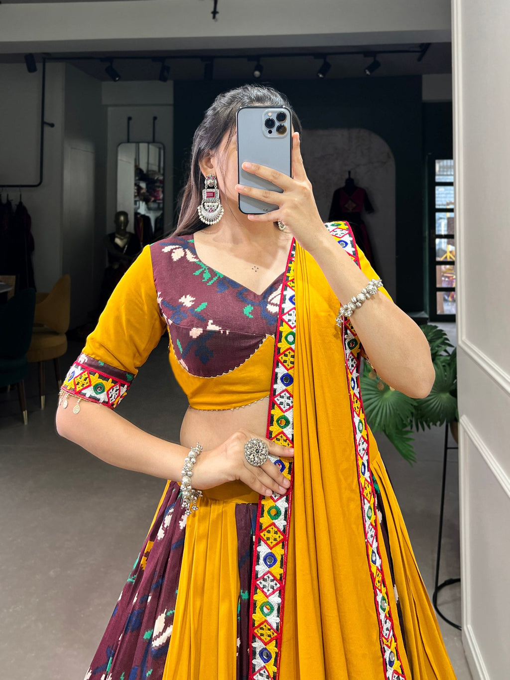 Lorenvalley Rayon with Yellow and Wine Printed Silk Original Mirror Gamthi Work and Embossed Design Gota Lehenga Choli with Dupatta