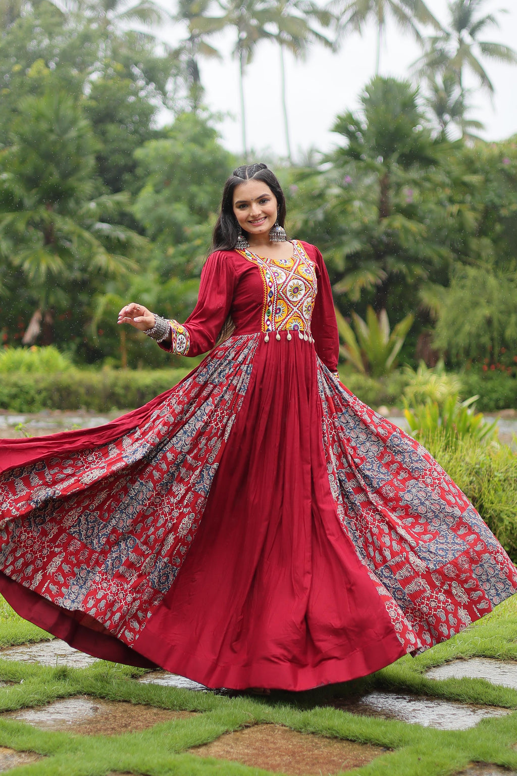 Lorenvalley Maroon Rayon Contrast of Printed with Kutchi Gamthi work Gown