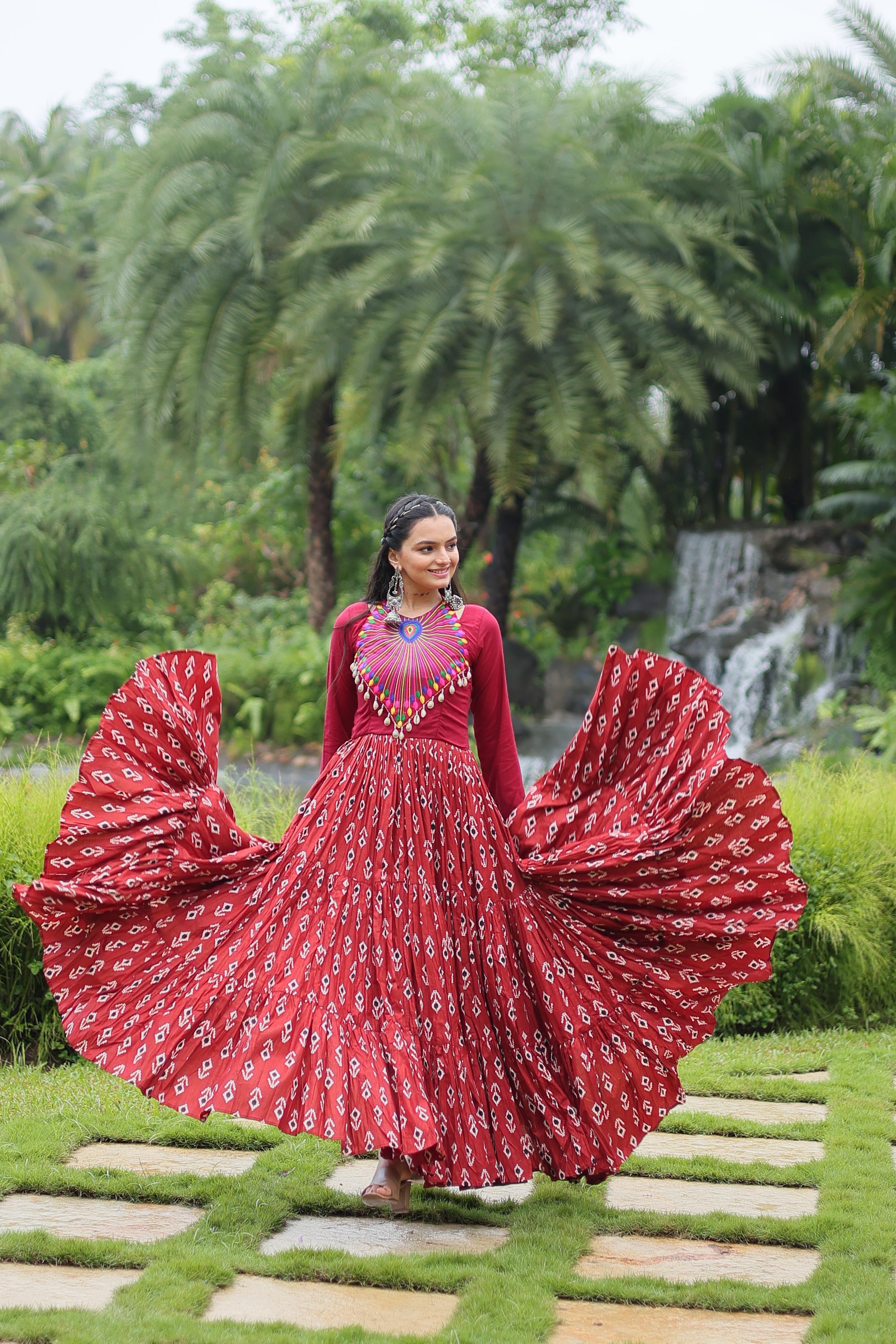 Lorenvalley Maroon Cotton Printed With Kutchi Gamthi Work and Kodi Lace Gown