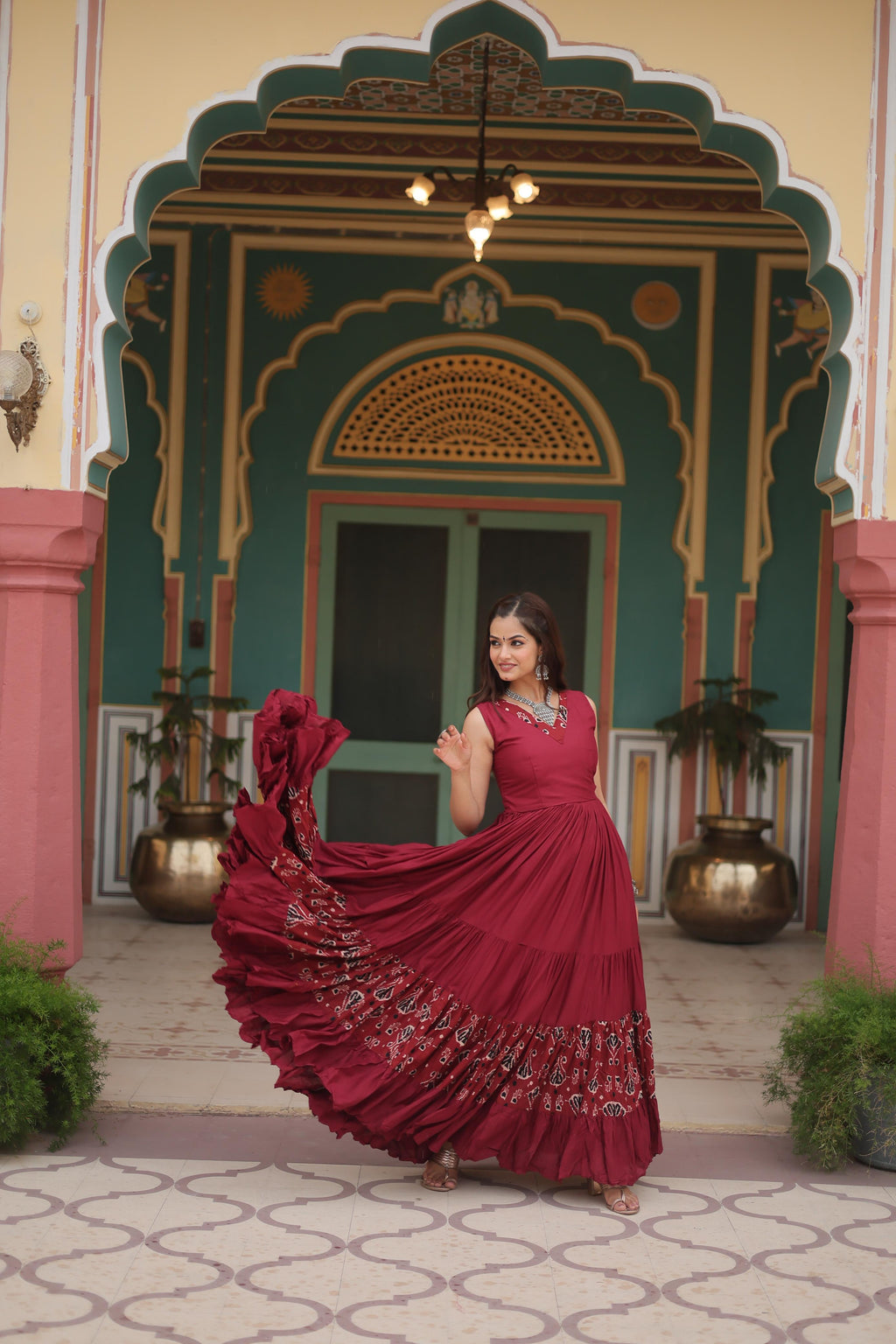 Lorenvalley Maroon Rayon Fabric with Printed Attached In Frill And Neck Gown