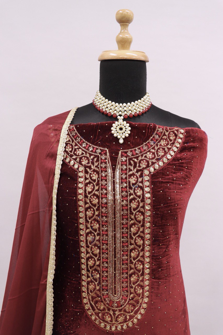Lorenvalley Fashion Women Maroon Velvet Embroidered Salwar Suit Material