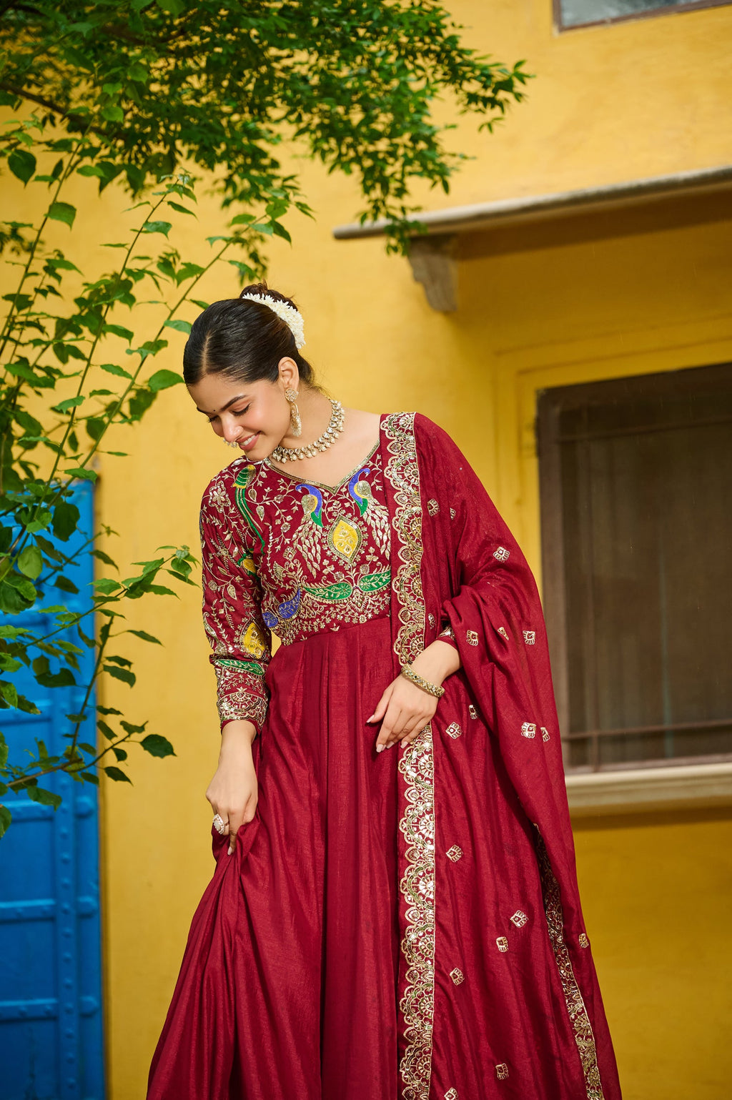 Lorenvalley Fashion Maroon Vichitra Silk with Multi Thread & Embroidered work Anarkali Gown with Dupatta