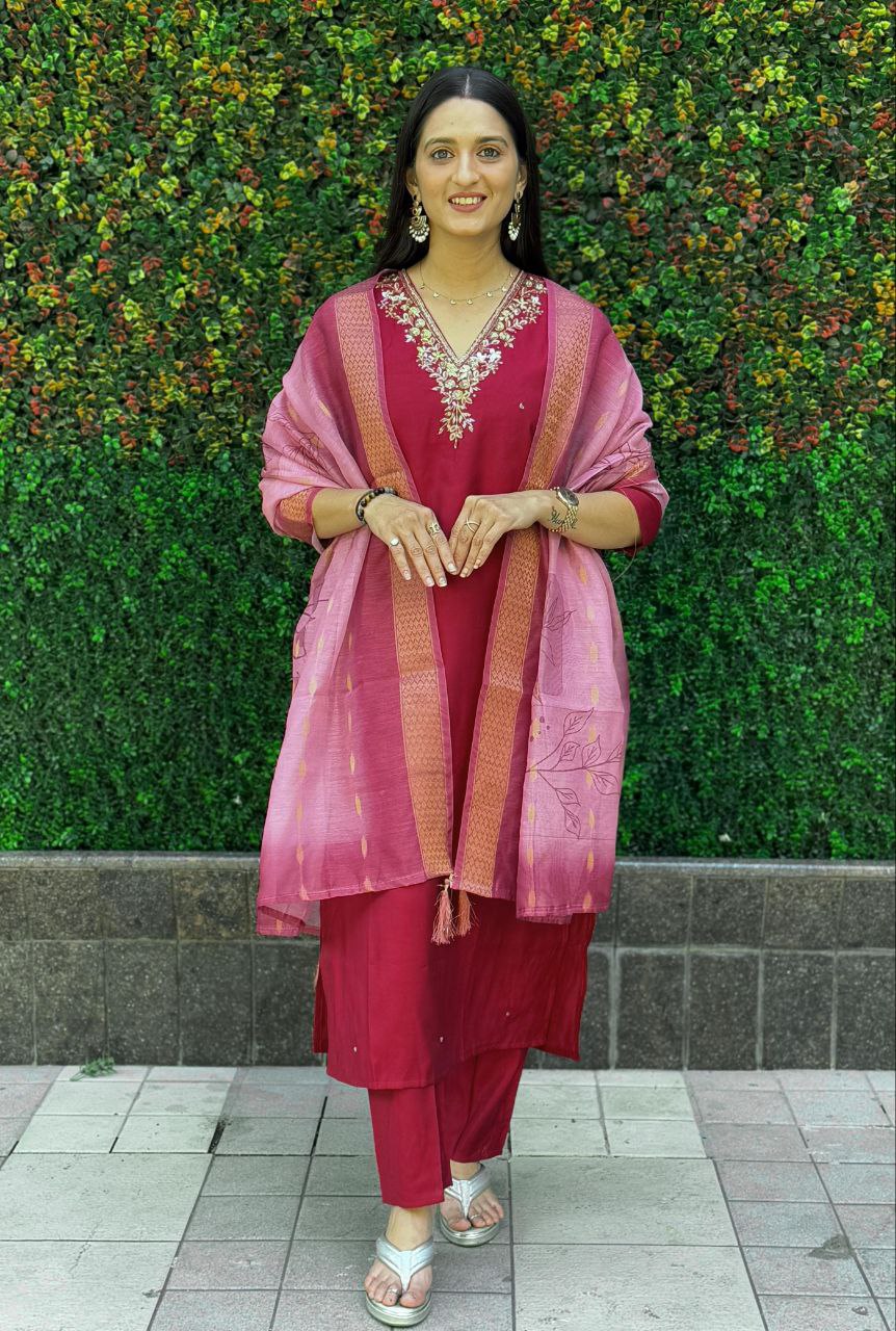 Lorenvalley Fashion Maroon Roman Silk Hand Work Kurta Pant with Dupatta