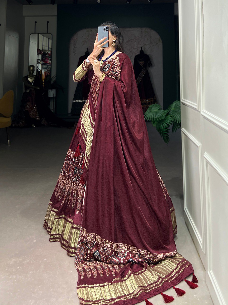 Lorenvalley Maroon Gaji Silk Digital Print With Lagadi Patta Lehenga Choli with Dupatta