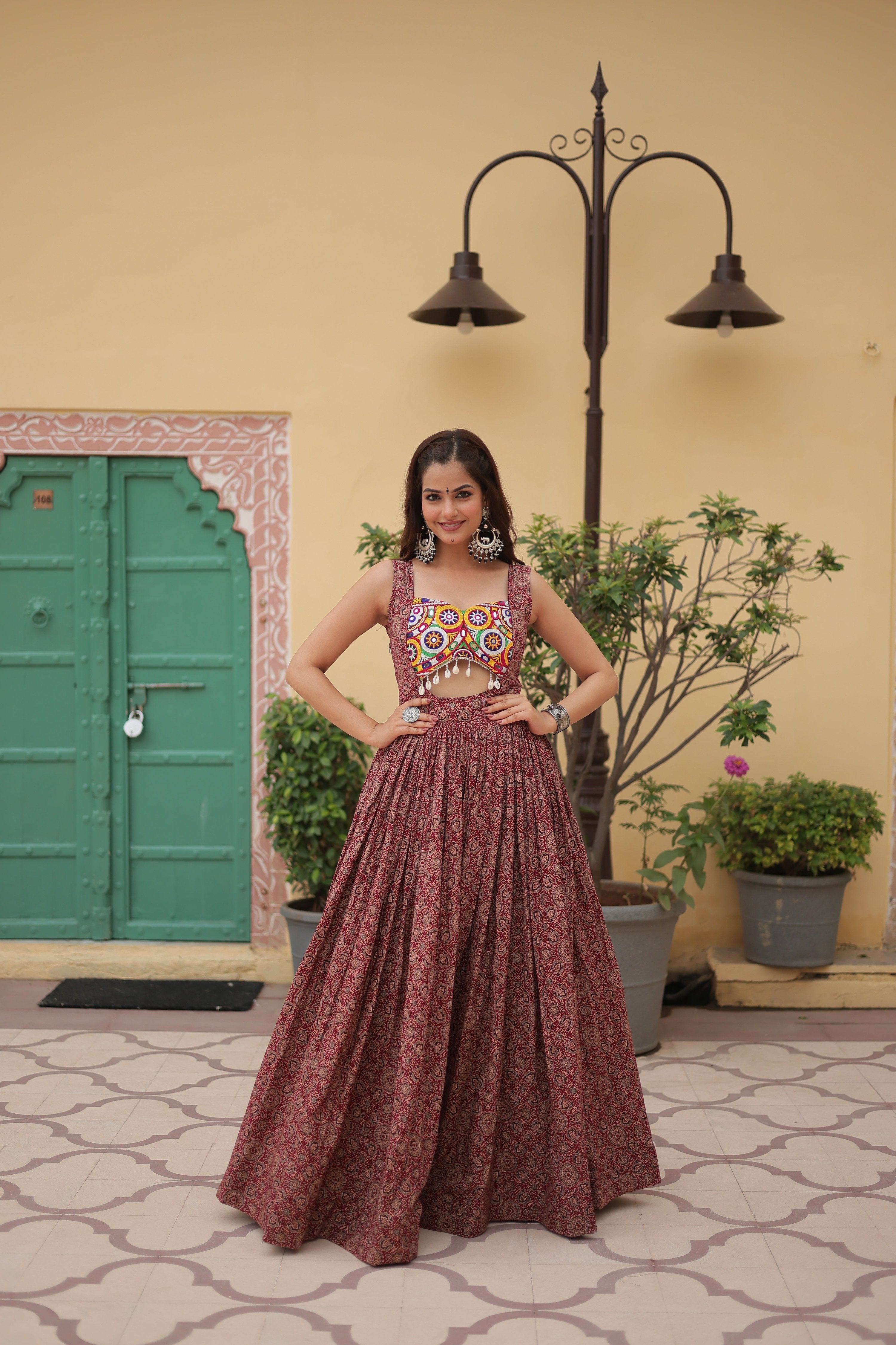 Lorenvalley Maroon Printed Cotton With Kutchi Gamthi Work and Kodi Lace Gown