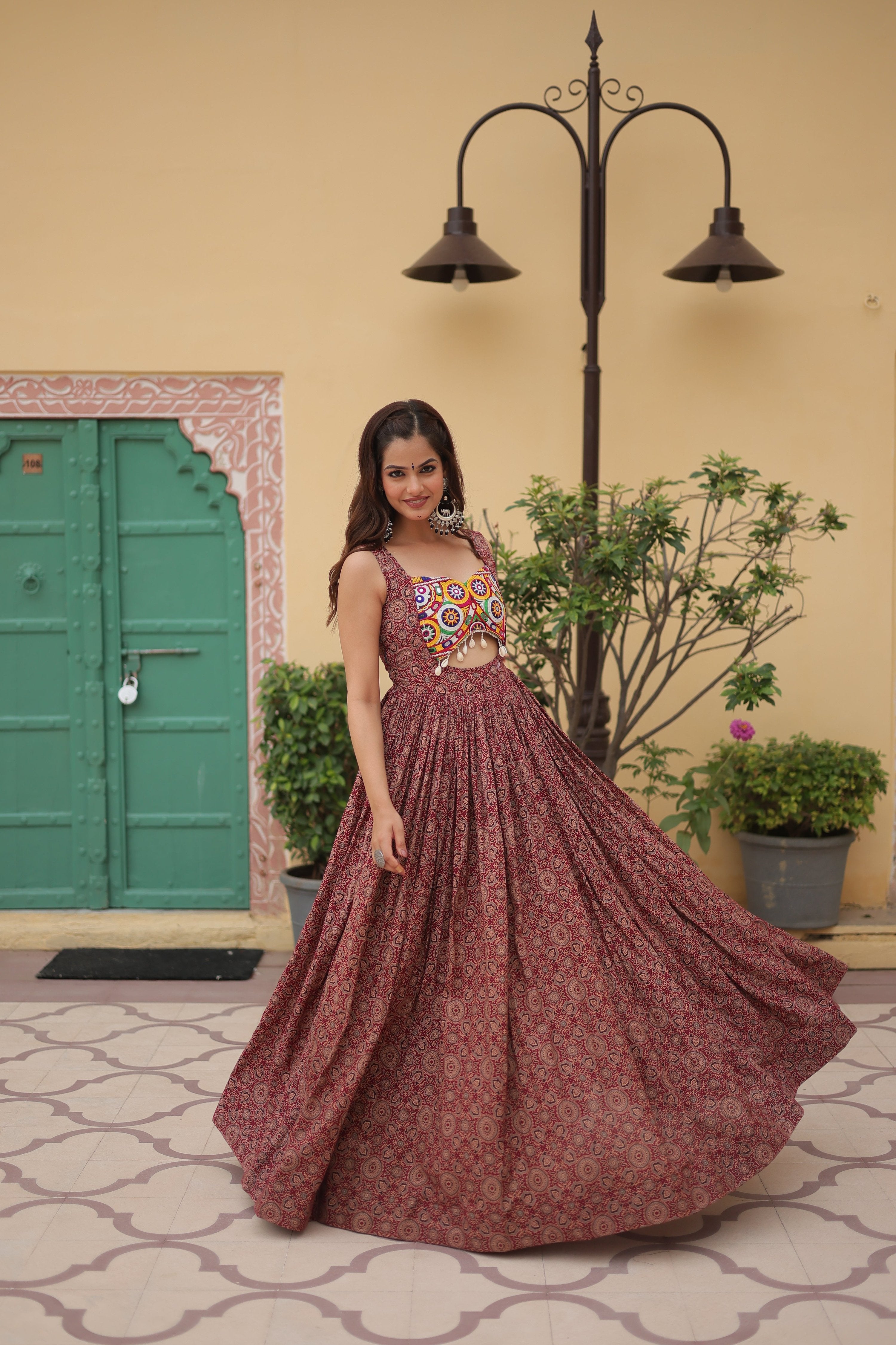Lorenvalley Maroon Printed Cotton With Kutchi Gamthi Work and Kodi Lace Gown