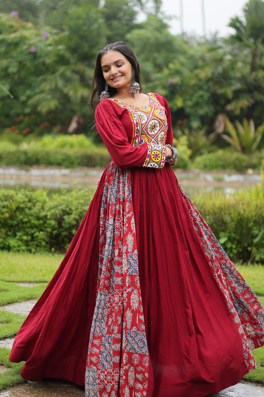 Lorenvalley Maroon Rayon Contrast of Printed with Kutchi Gamthi work Gown