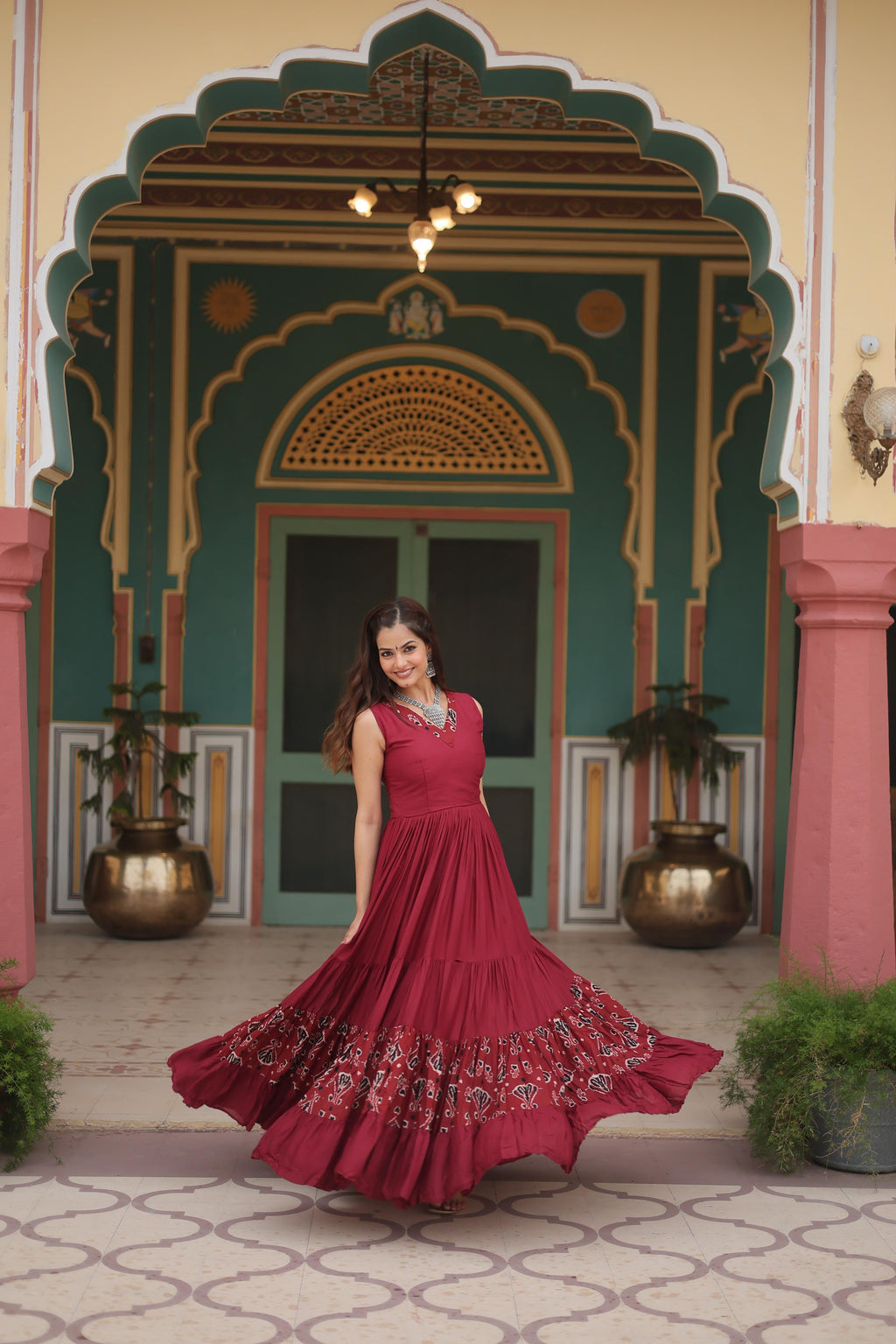Lorenvalley Maroon Rayon Fabric with Printed Attached In Frill And Neck Gown