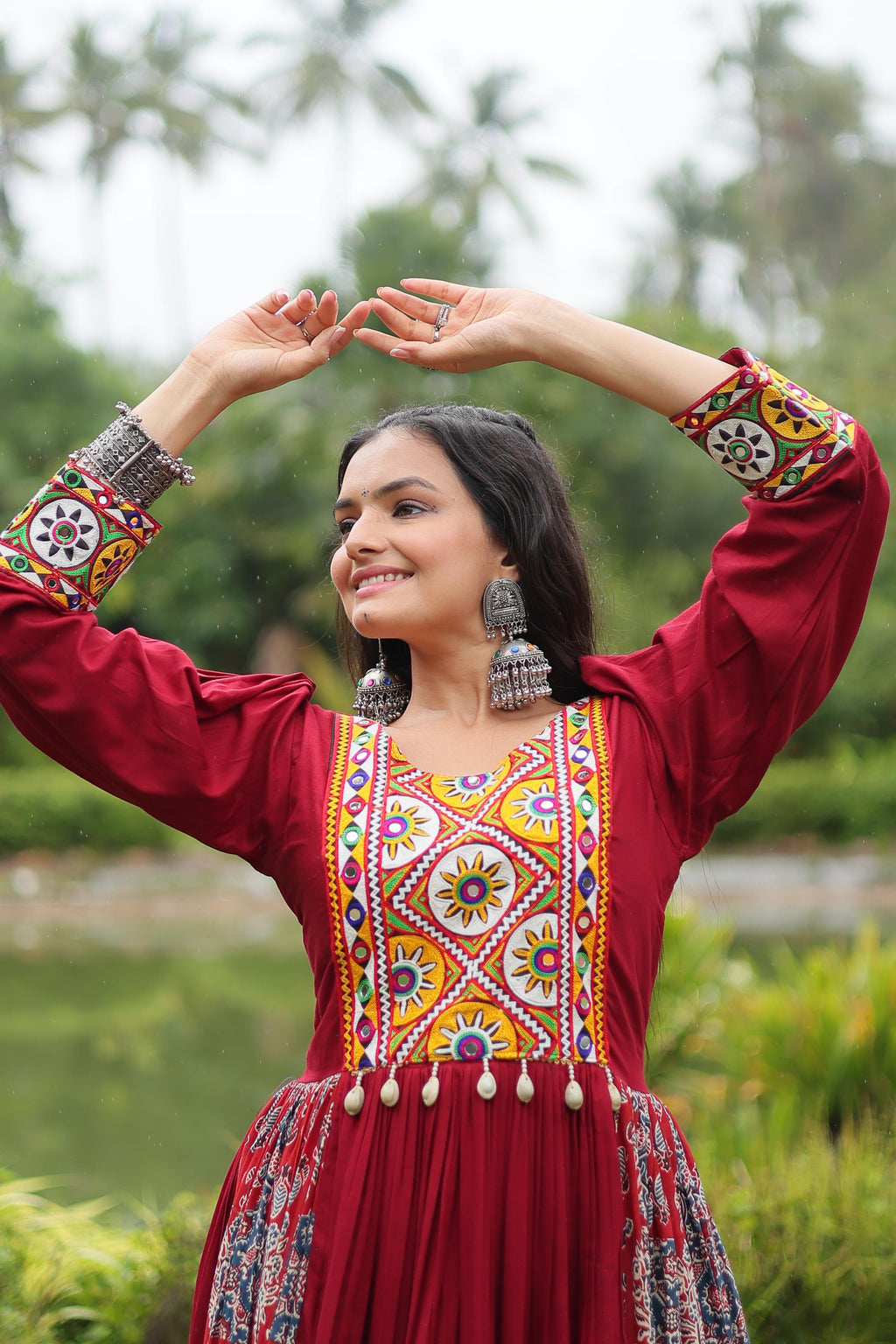 Lorenvalley Maroon Rayon Contrast of Printed with Kutchi Gamthi work Gown