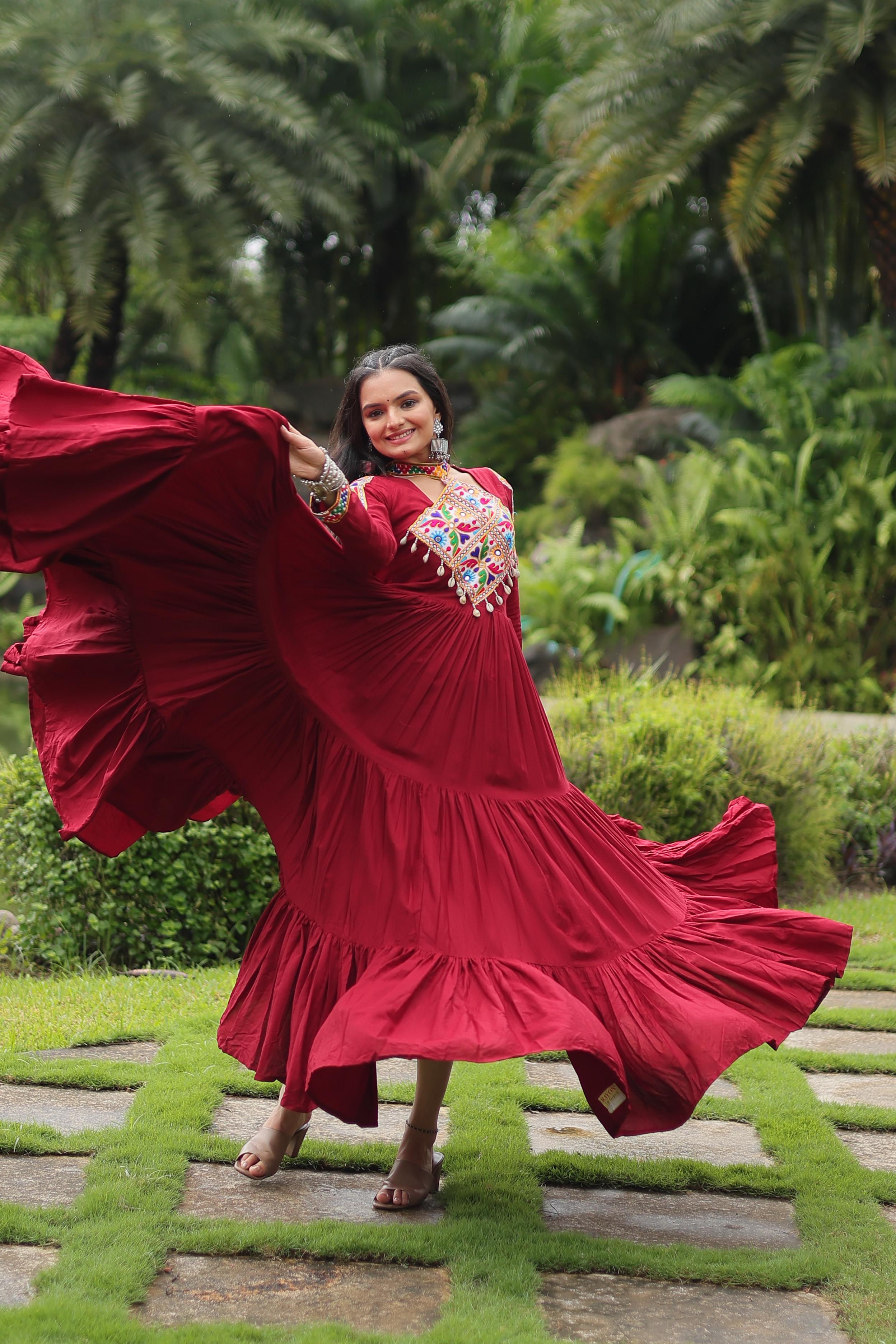 Lorenvalley Maroon Rayon Fabric with Kutchi Gamthi work Gown