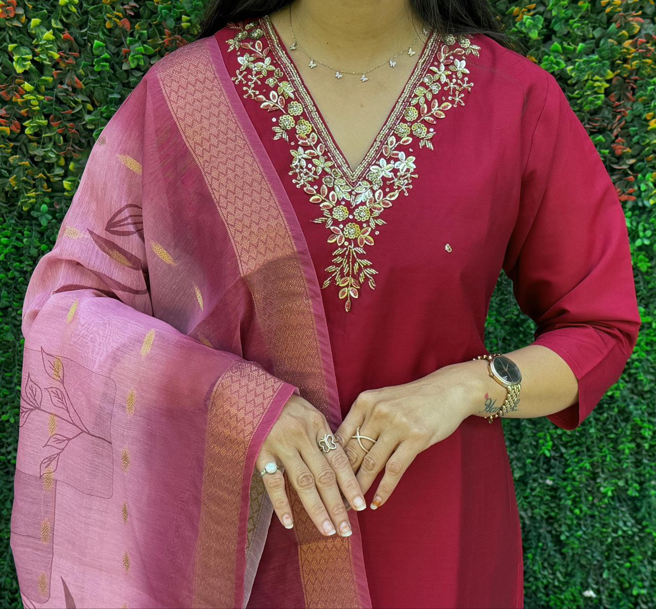 Lorenvalley Fashion Maroon Roman Silk Hand Work Kurta Pant with Dupatta