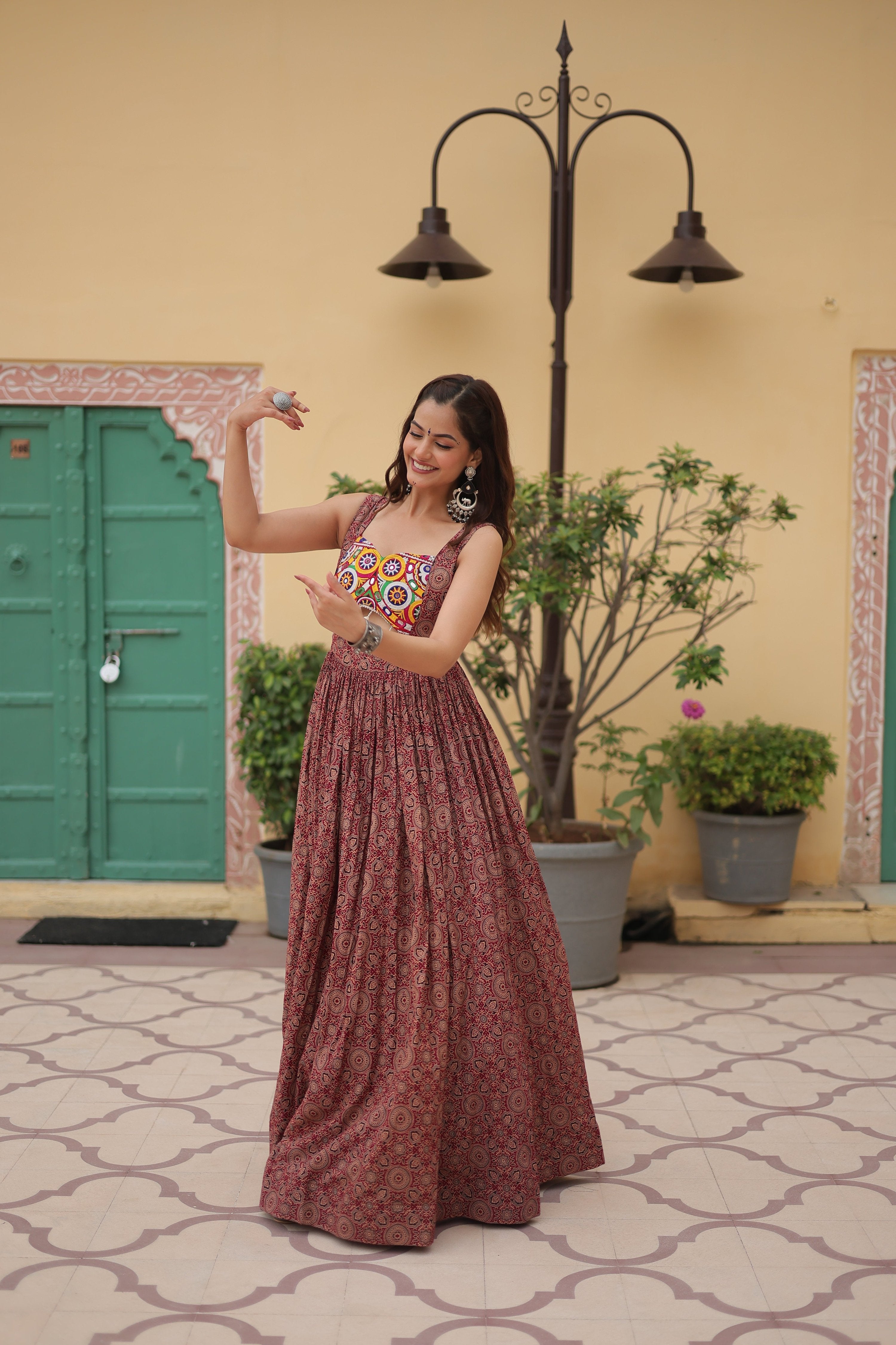 Lorenvalley Maroon Printed Cotton With Kutchi Gamthi Work and Kodi Lace Gown