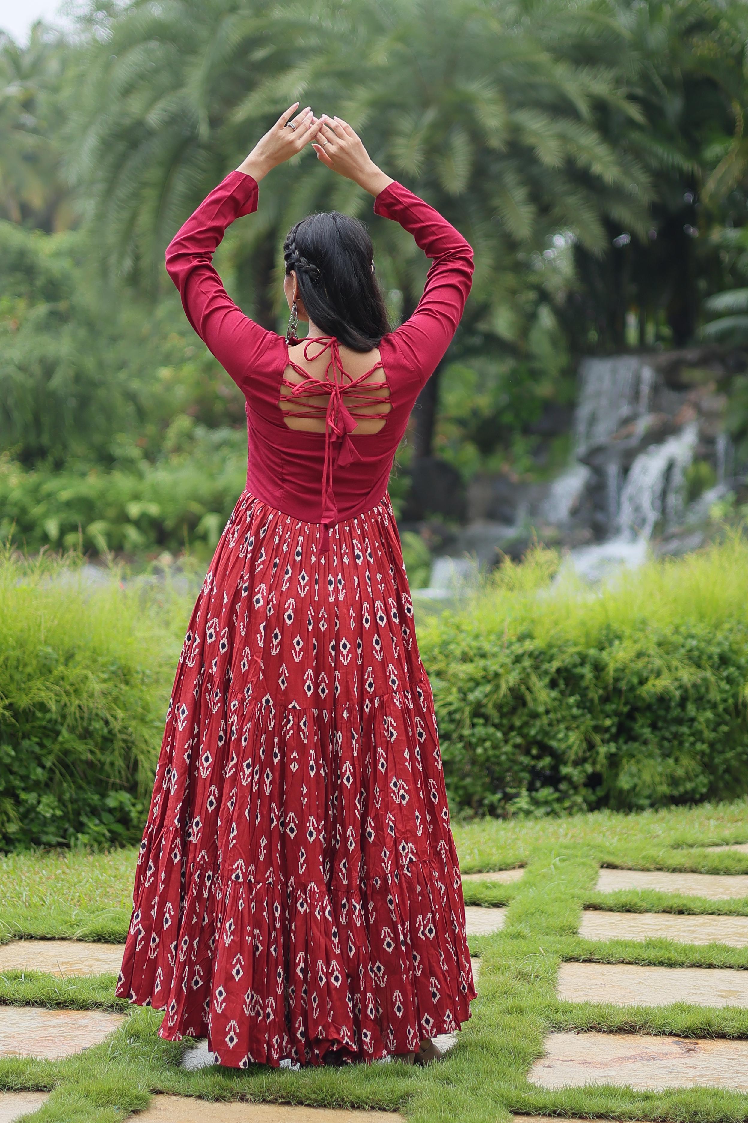 Lorenvalley Maroon Cotton Printed With Kutchi Gamthi Work and Kodi Lace Gown