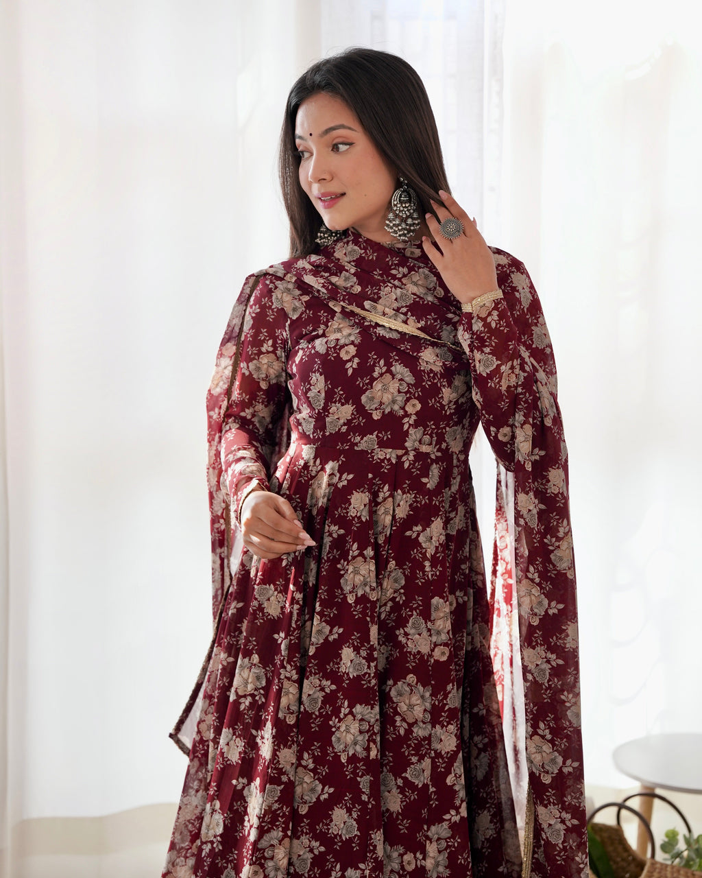 Lorenvalley Pure Faux Georgette Multi Floral Print Fully Flared Anarkali Pant With Dupatta Set - Maroon