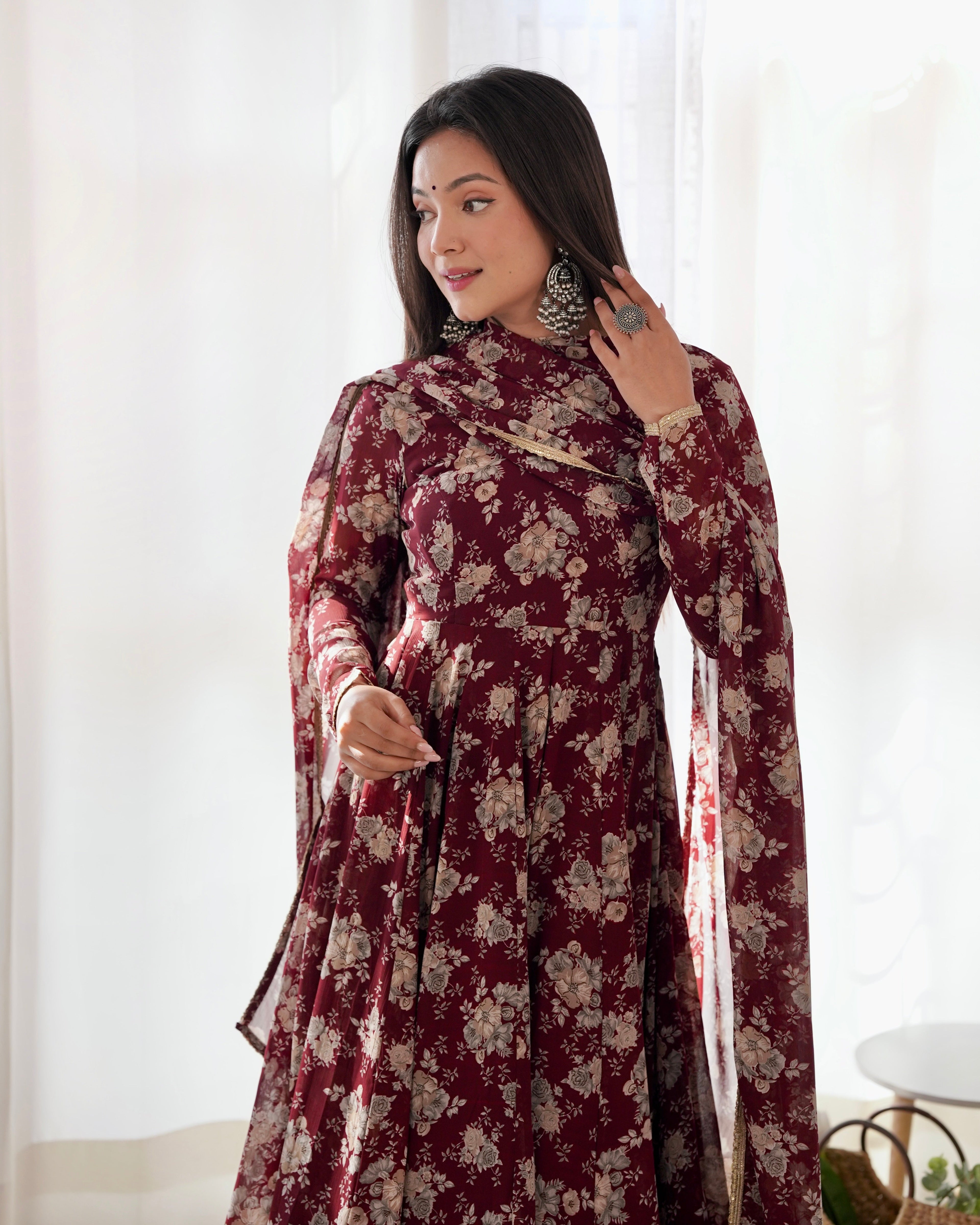 Lorenvalley Pure Faux Georgette Multi Floral Print Fully Flared Anarkali Pant With Dupatta Set - Maroon
