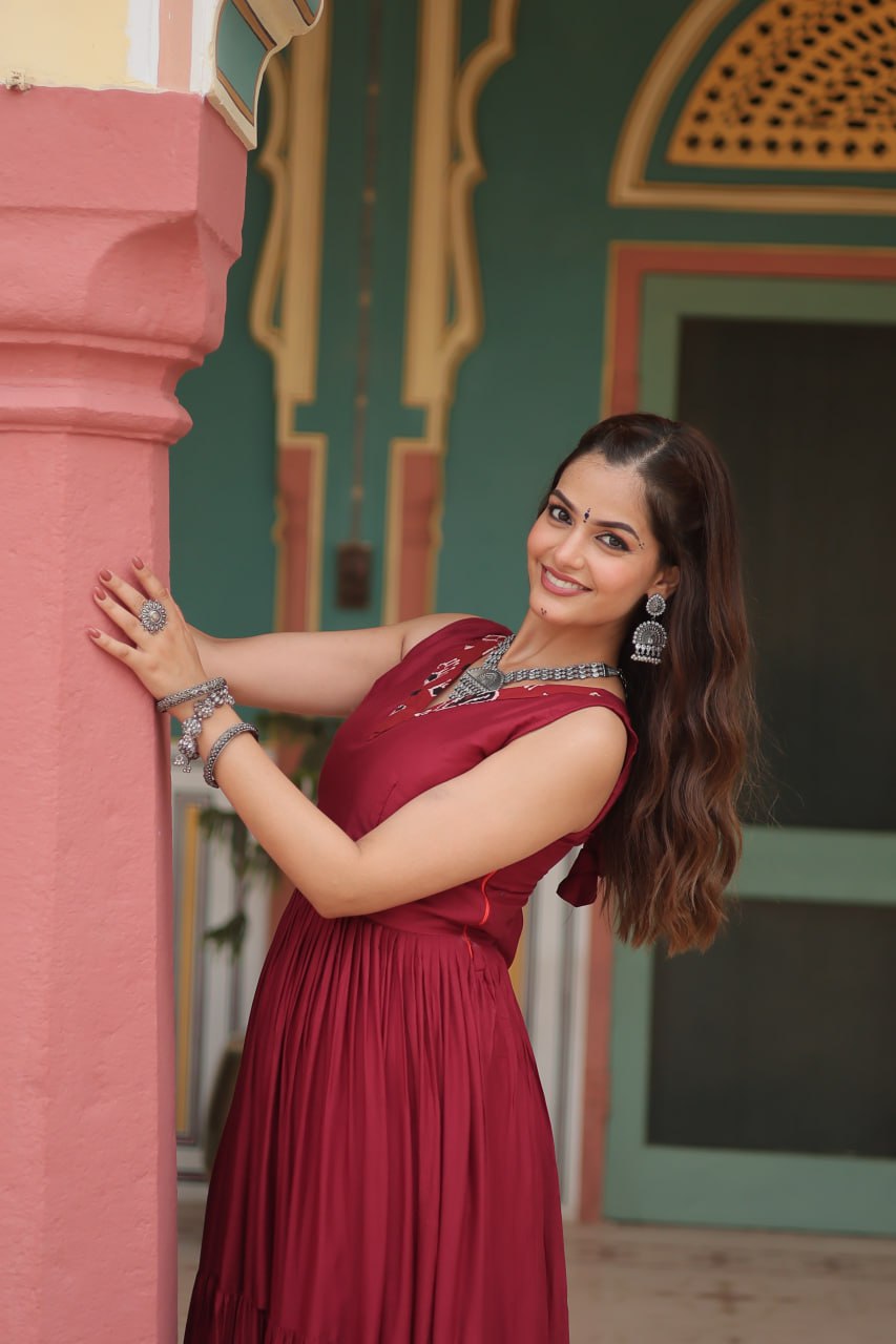 Lorenvalley Maroon Rayon Fabric with Printed Attached In Frill And Neck Gown