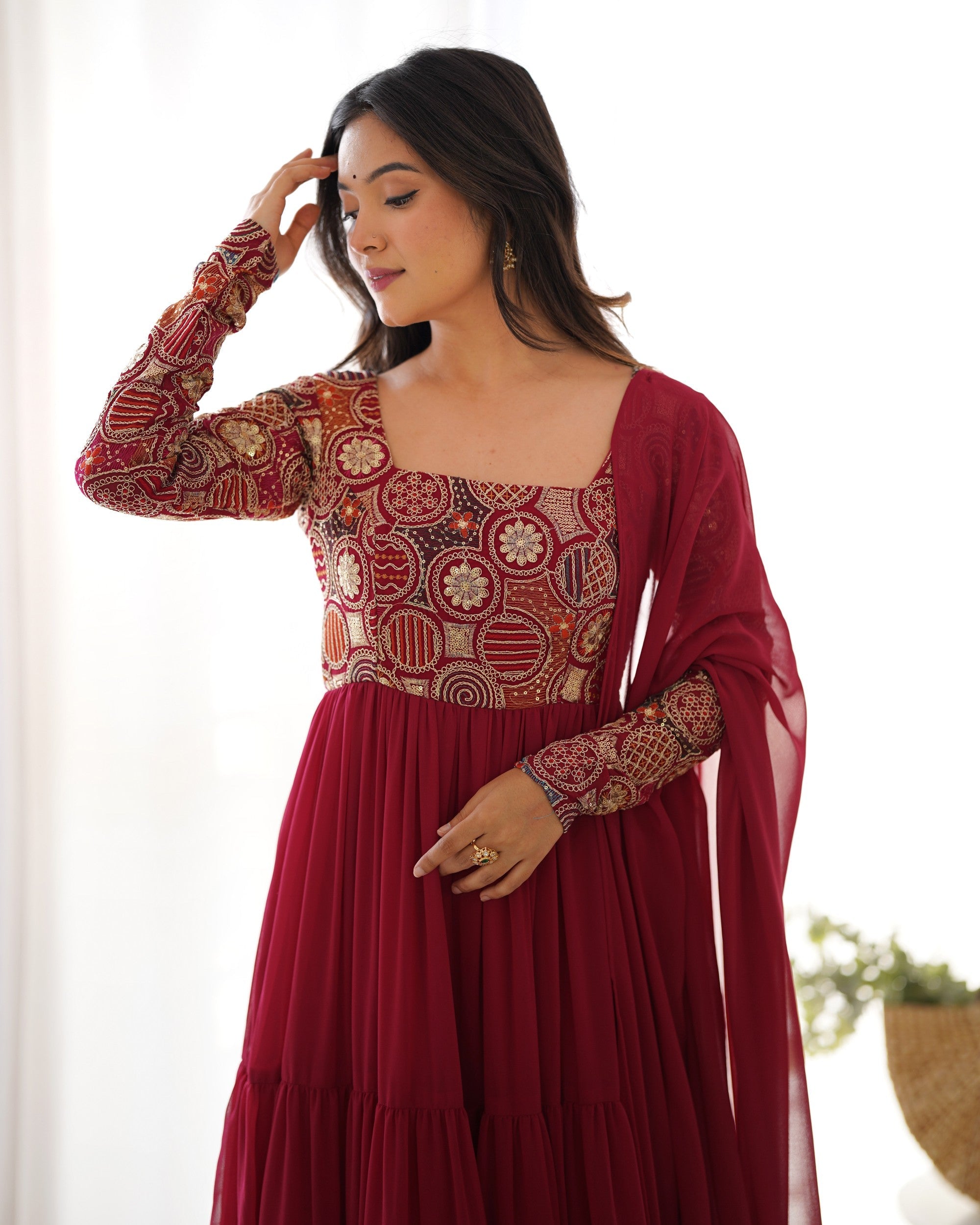 Lorenvalley Fashion Maroon Faux Georgette Embroidery 9 Needle Thread Work Anarkali Pant with Dupatta