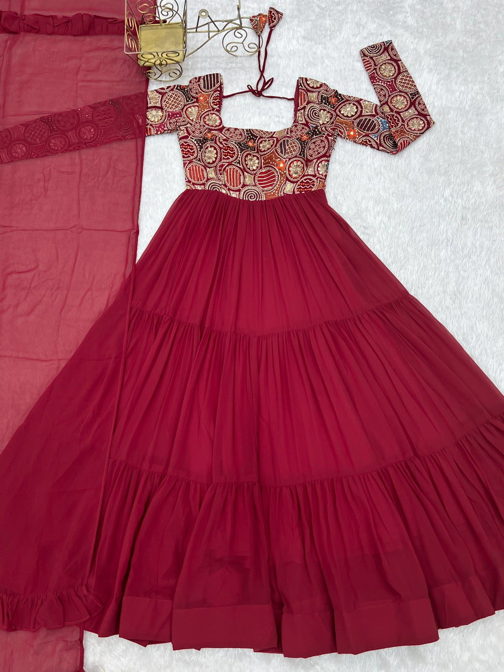 Lorenvalley Fashion Maroon Faux Georgette Embroidery 9 Needle Thread Work Anarkali Pant with Dupatta