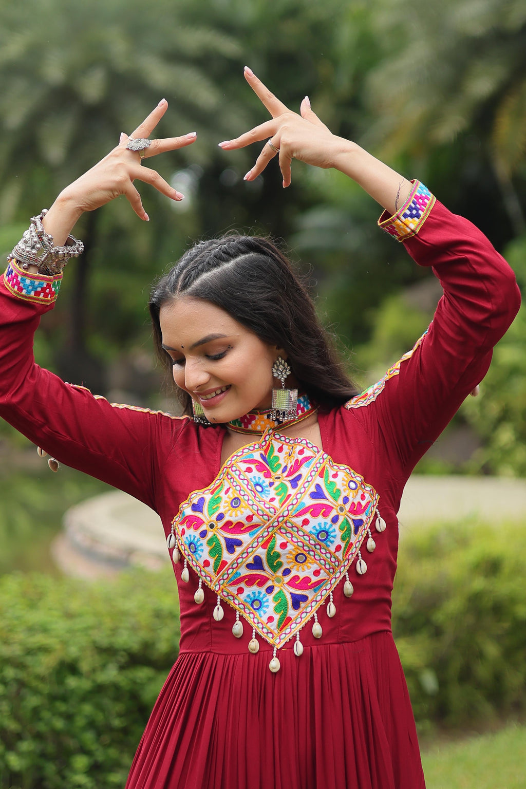 Lorenvalley Maroon Rayon Fabric with Kutchi Gamthi work Gown