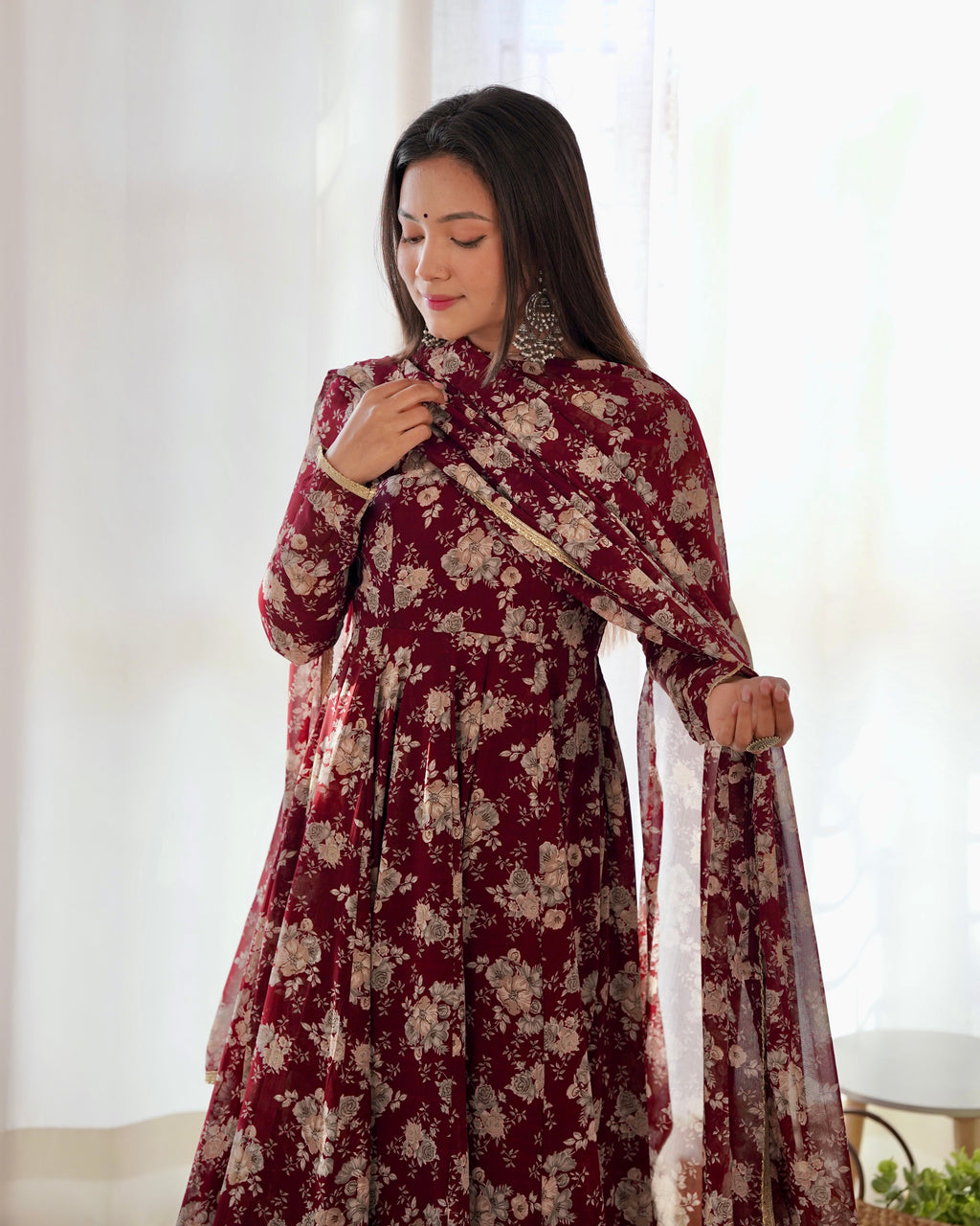 Lorenvalley Pure Faux Georgette Multi Floral Print Fully Flared Anarkali Pant With Dupatta Set - Maroon