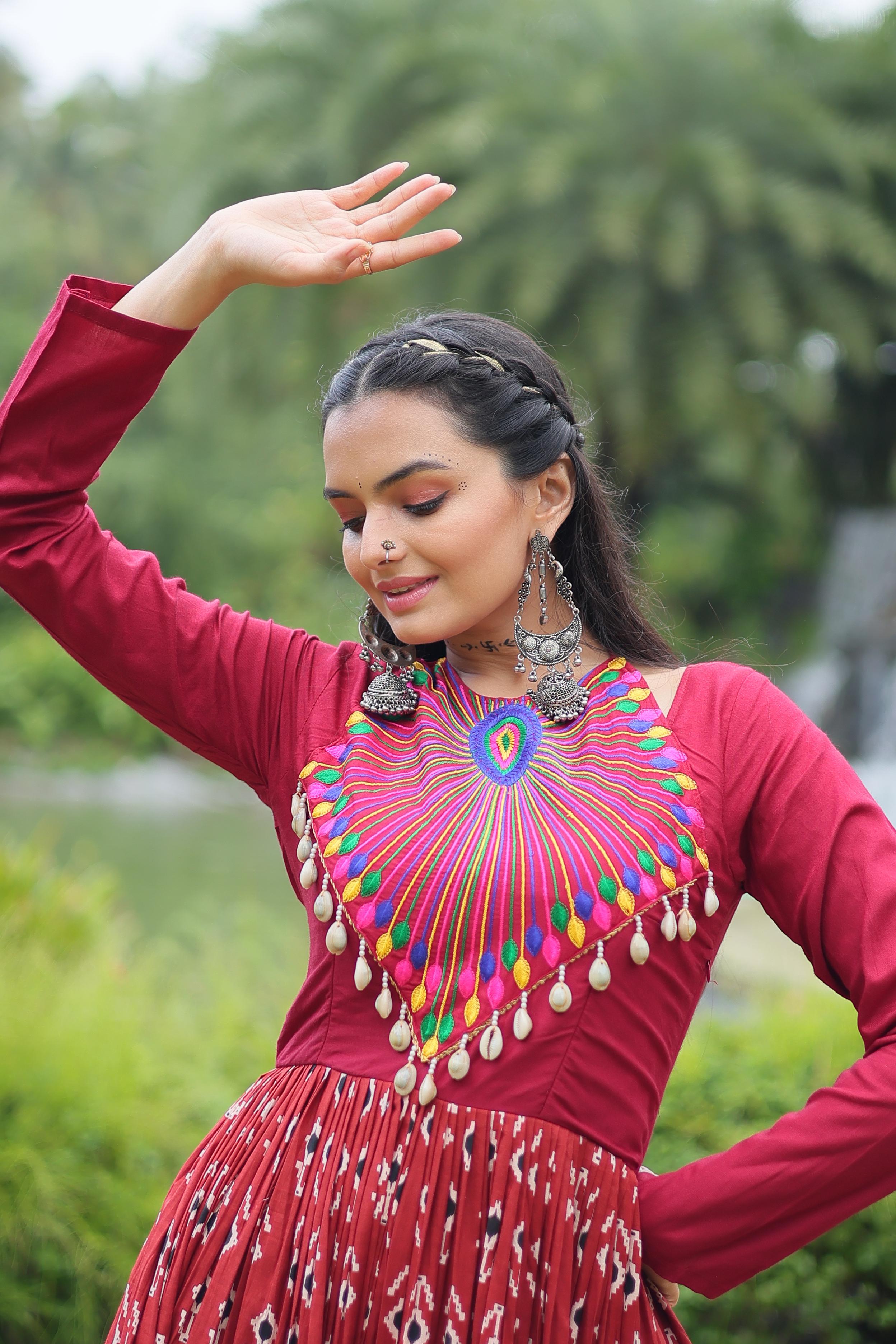 Lorenvalley Maroon Cotton Printed With Kutchi Gamthi Work and Kodi Lace Gown
