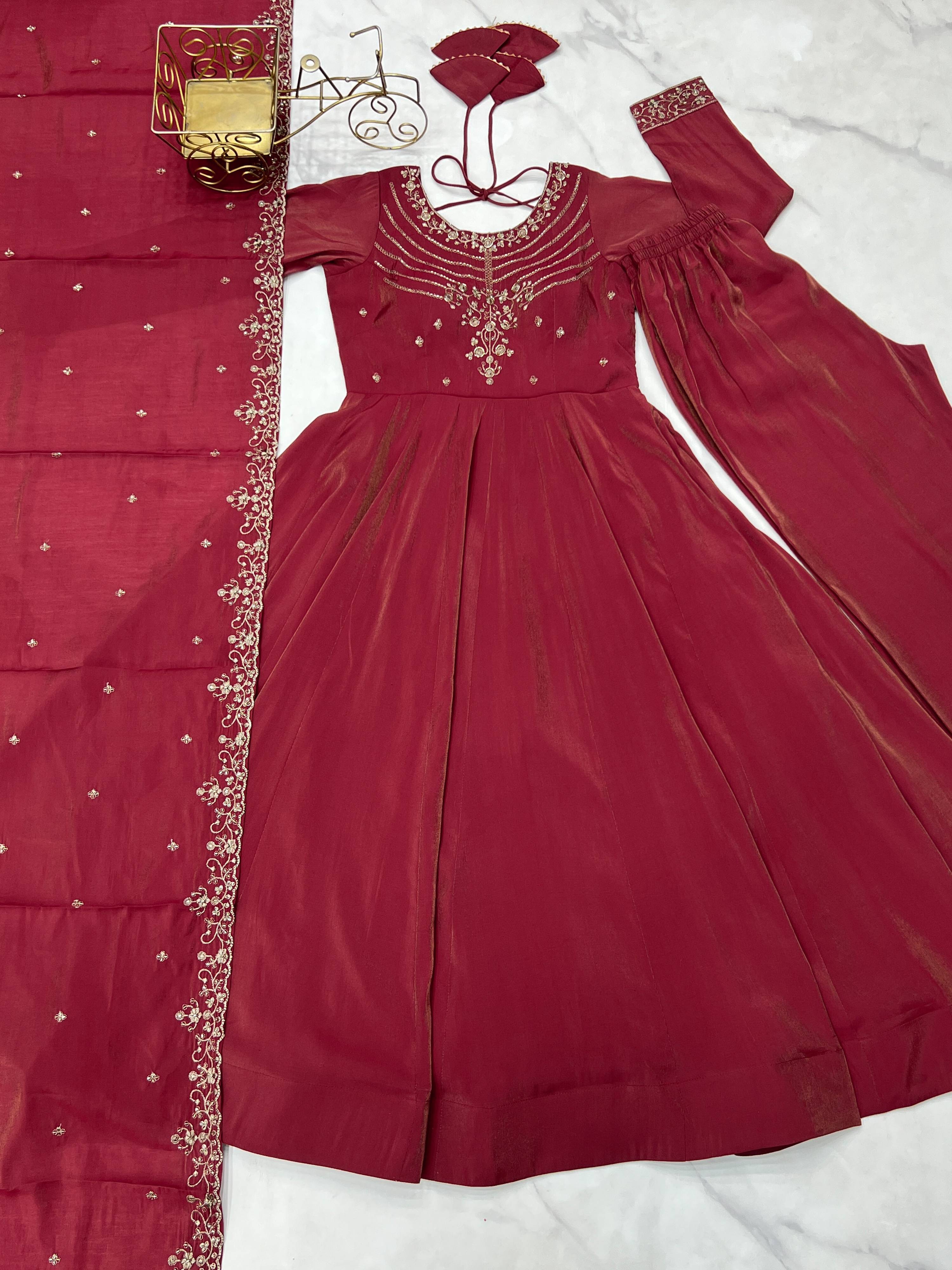 Lorenvalley Fashion Maroon Roman Shimmer Chanderi Silk Yoke Fancy Handwork Beads Work Anarkali Kurta Pant With Dupatta Set