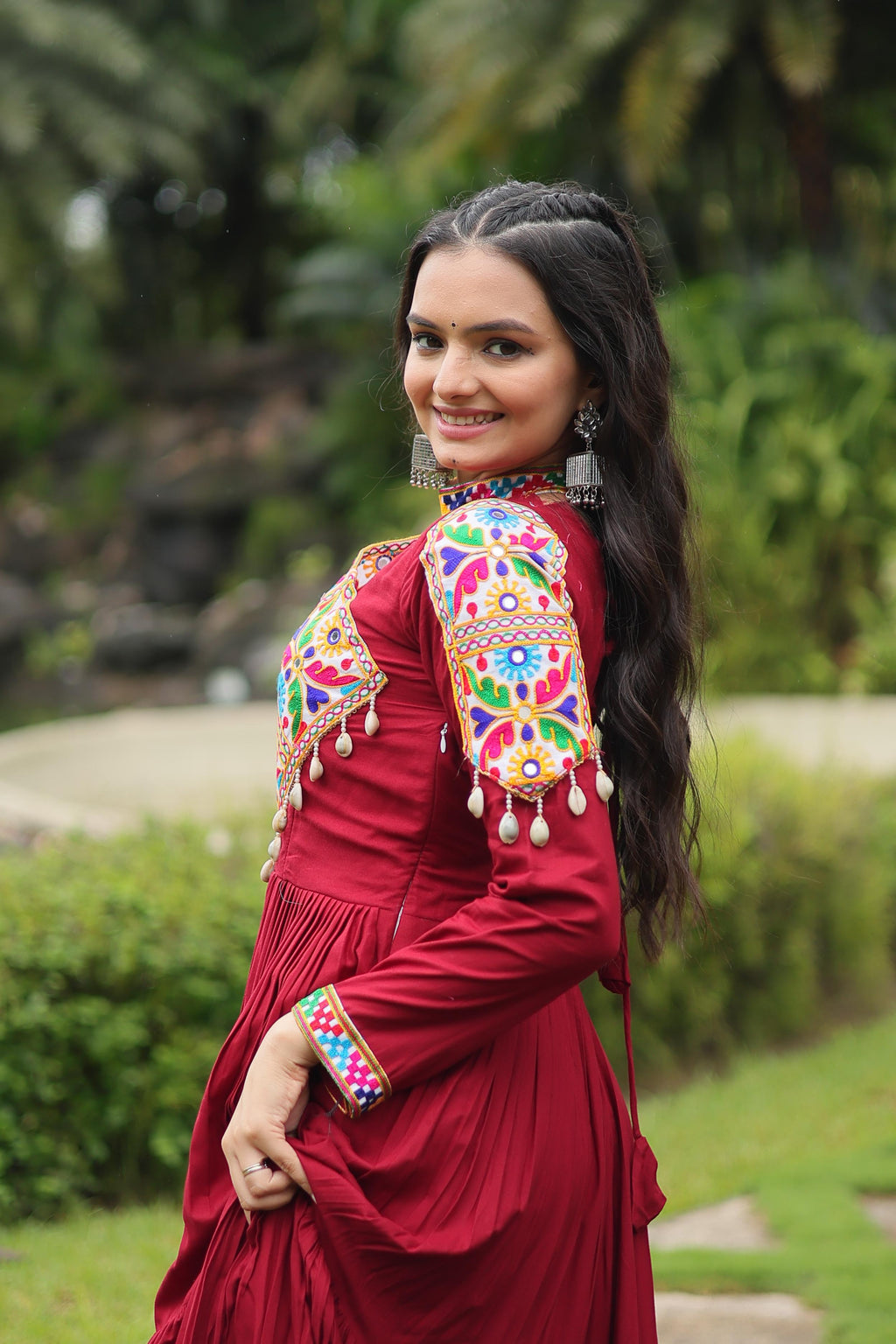 Lorenvalley Maroon Rayon Fabric with Kutchi Gamthi work Gown