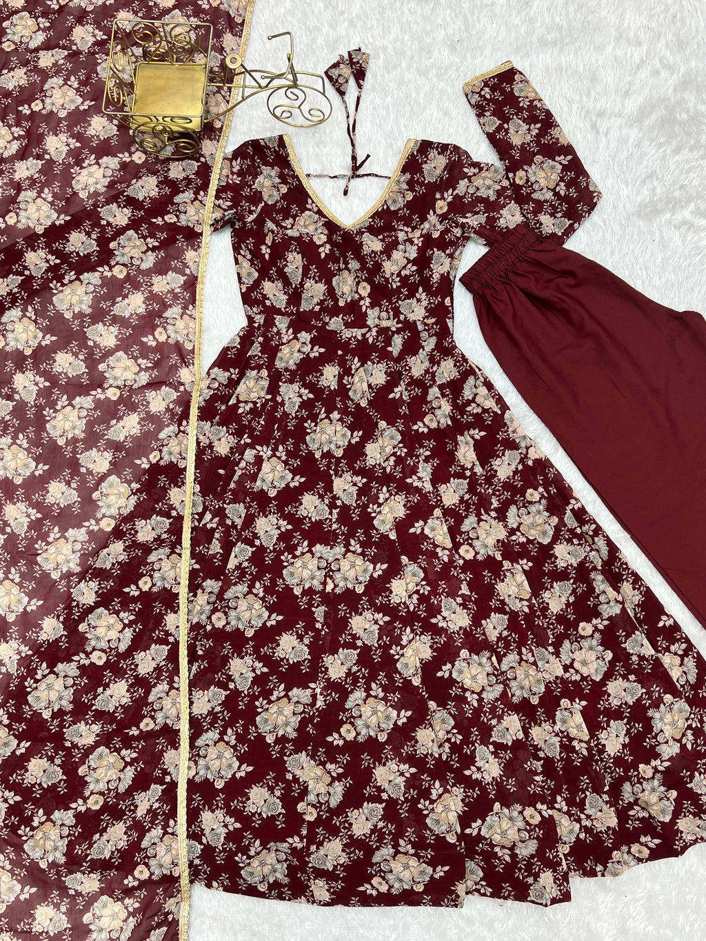Lorenvalley Pure Faux Georgette Multi Floral Print Fully Flared Anarkali Pant With Dupatta Set - Maroon