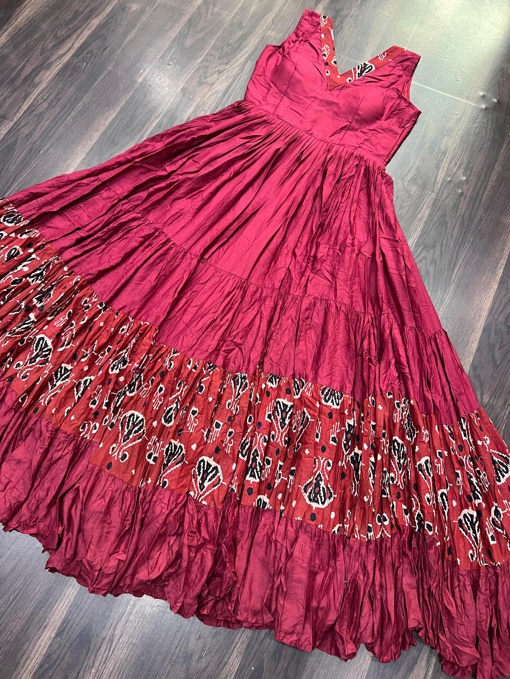 Lorenvalley Maroon Rayon Fabric with Printed Attached In Frill And Neck Gown