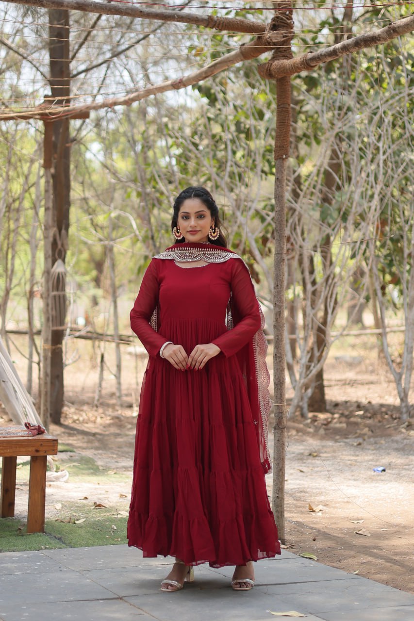 Evanik Maroon Faux Blooming Gown With Dupatta With Rich Sequins Embroidered work