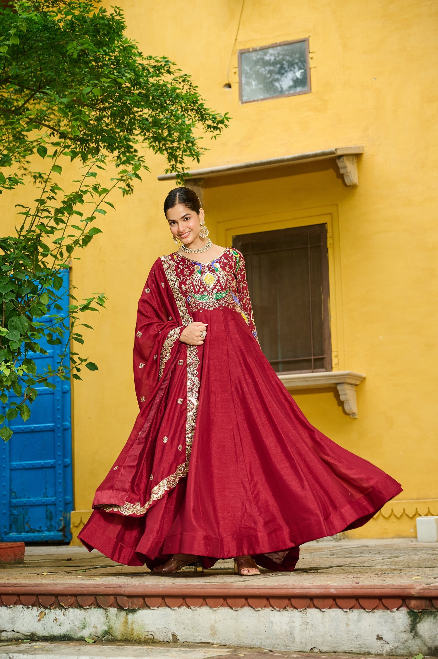 Lorenvalley Fashion Maroon Vichitra Silk with Multi Thread & Embroidered work Anarkali Gown with Dupatta