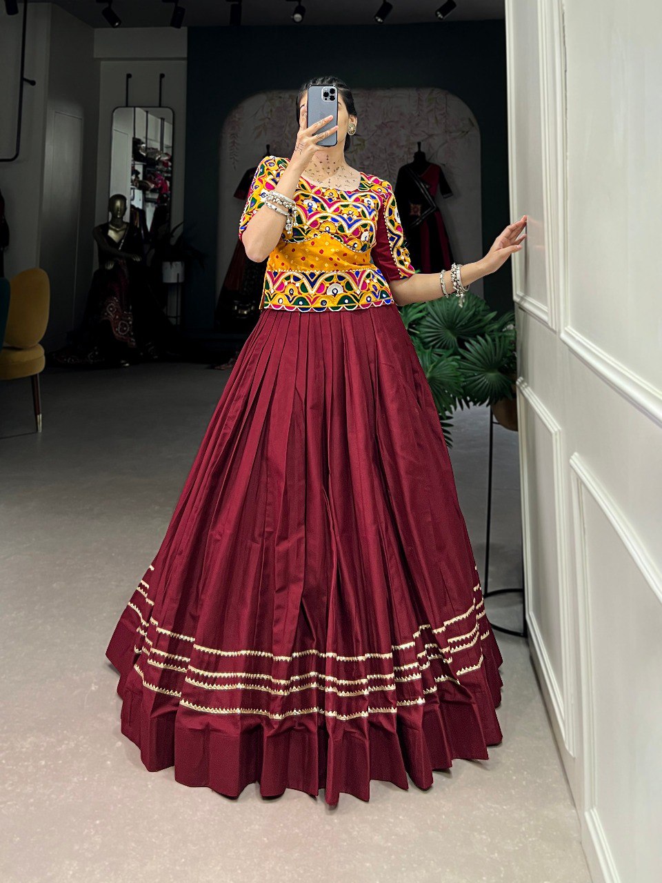 Lorenvalley Pure Cotton Maroon Plain With Gota Patti Touch Up Lehenga Choli