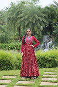Lorenvalley Maroon Cotton Printed With Kutchi Gamthi Work and Kodi Lace Gown