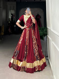 Lorenvalley Rayon and Tussar Silk Maroon Plain And Printed With Embossed Design Gota Lace Lehenga Choli with Dupatta