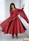 Lorenvalley Fashion Maroon Roman Shimmer Chanderi Silk Yoke Fancy Handwork Beads Work Anarkali Kurta Pant With Dupatta Set