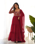 Lorenvalley Fashion Maroon Faux Georgette Embroidery 9 Needle Thread Work Anarkali Pant with Dupatta