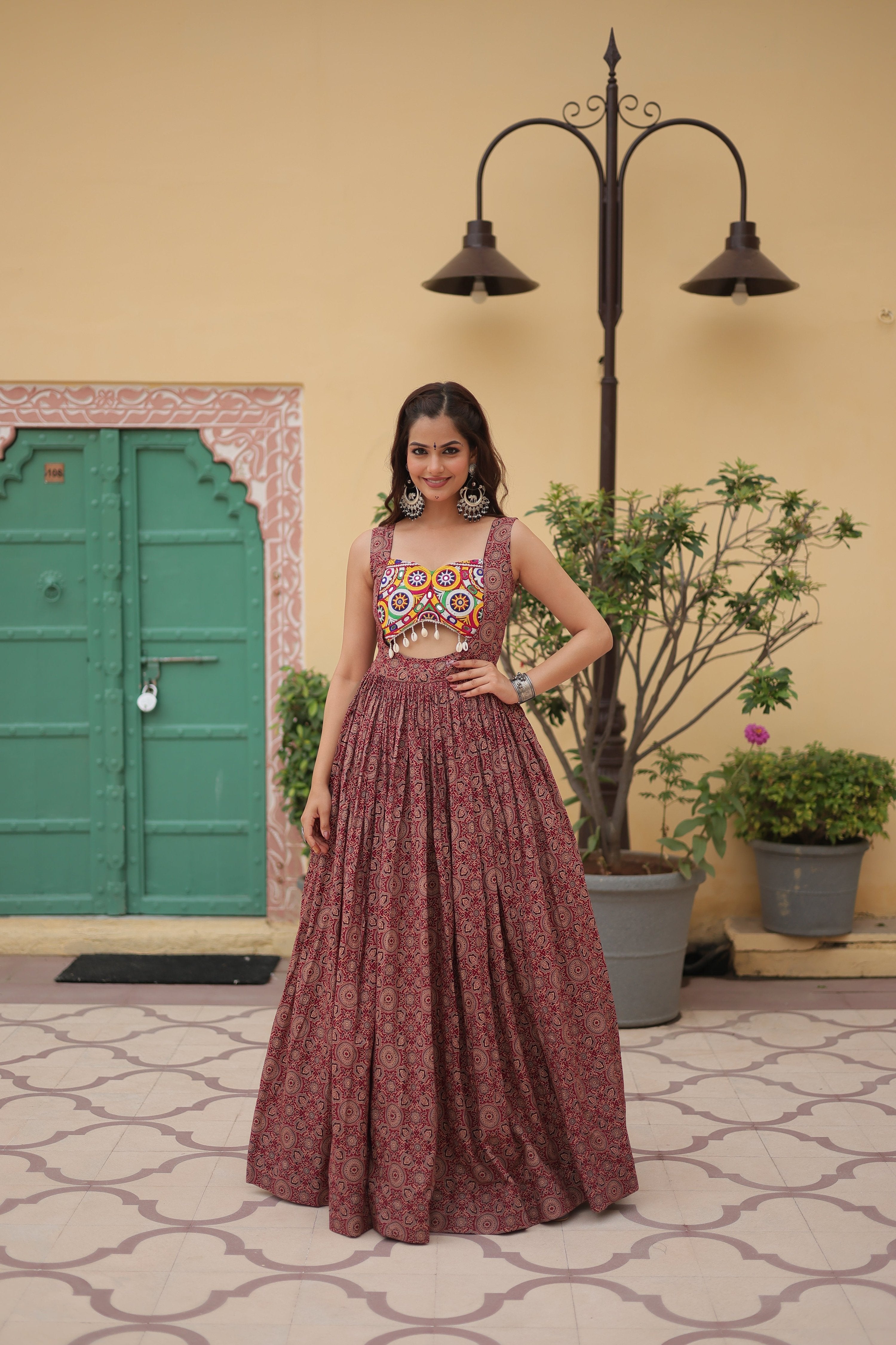 Lorenvalley Maroon Printed Cotton With Kutchi Gamthi Work and Kodi Lace Gown