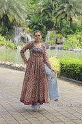 Lorenvalley Maroon Printed Cotton With Kutchi Gamthi Work And Kodi Lace Kurti