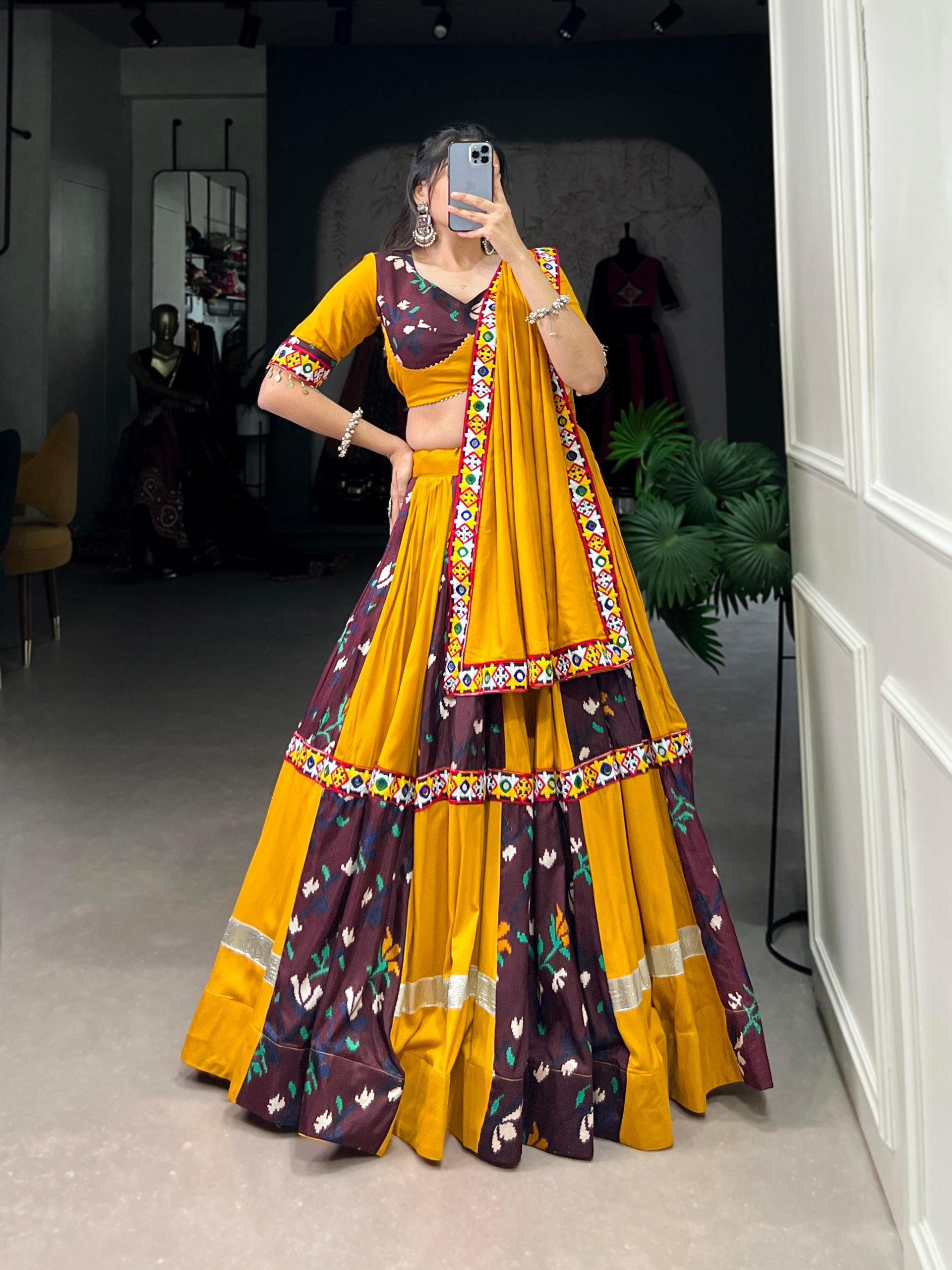 Lorenvalley Yellow and Wine Rayon with Printed Silk Original Mirror Gamthi Work and Embossed Design Gota Lehenga Choli with Dupatta