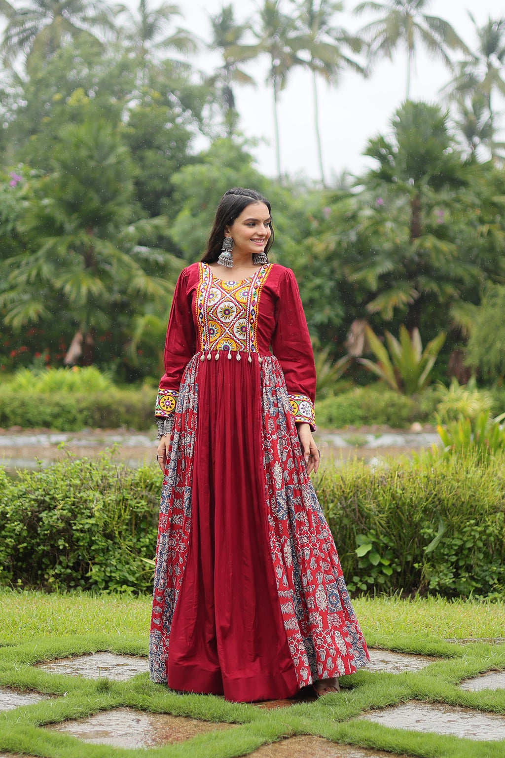 Lorenvalley Maroon Rayon Contrast of Printed with Kutchi Gamthi work Gown