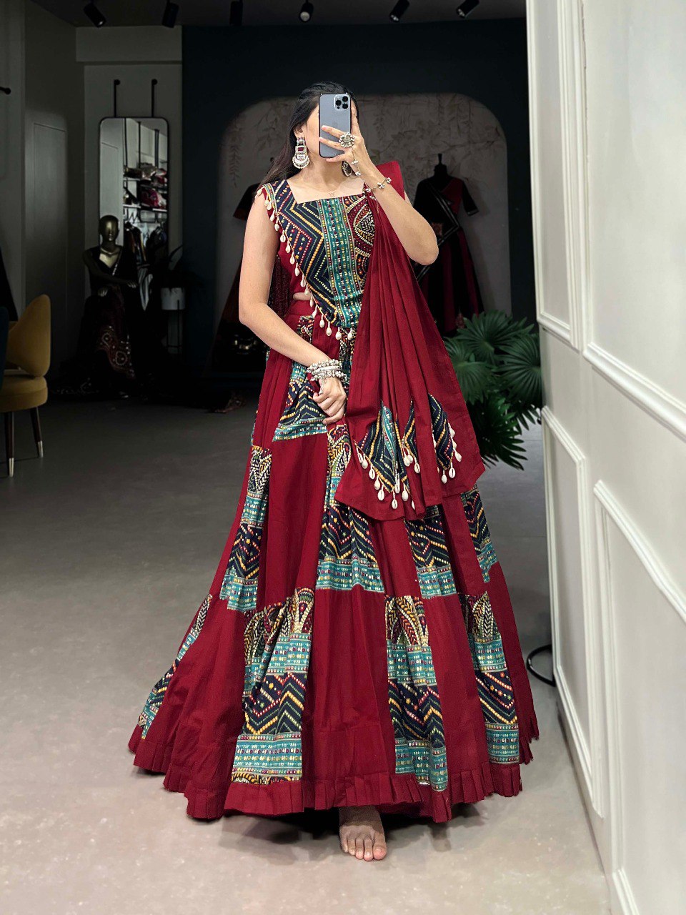 Lorenvalley Pure Cotton Maroon Plain And Printed With Foil Work Lehenga Choli with Dupatta