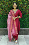 Lorenvalley Fashion Maroon Roman Silk Hand Work Kurta Pant with Dupatta