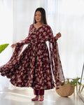 Lorenvalley Pure Faux Georgette Multi Floral Print Fully Flared Anarkali Pant With Dupatta Set - Maroon