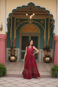 Lorenvalley Maroon Rayon Fabric with Printed Attached In Frill And Neck Gown