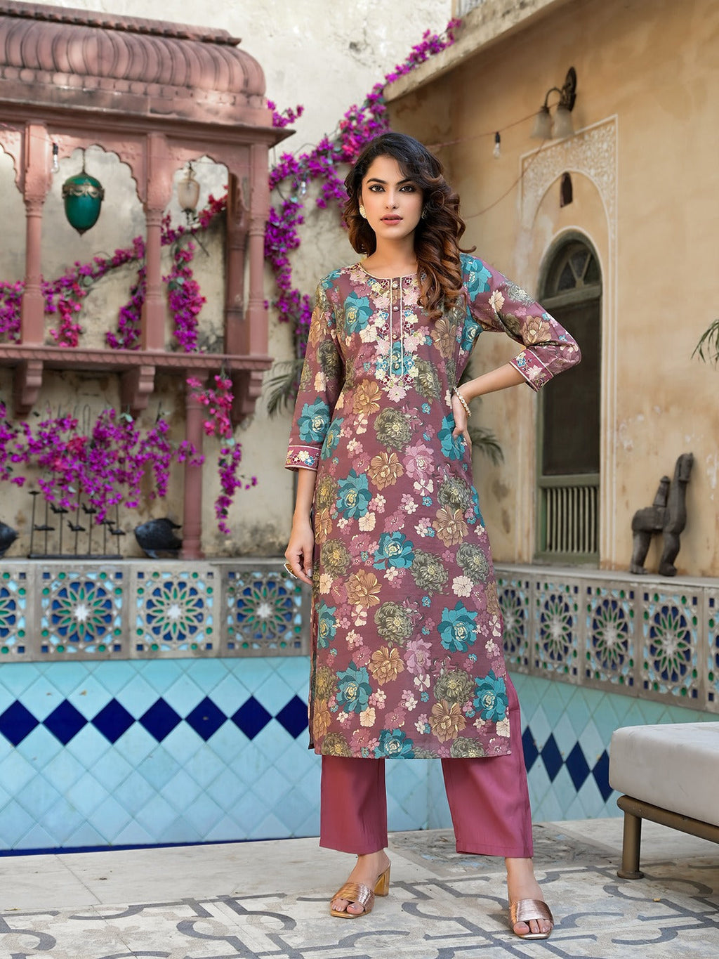 Yufta Mauve Floral,Thread_Work Kurta Trouser Set