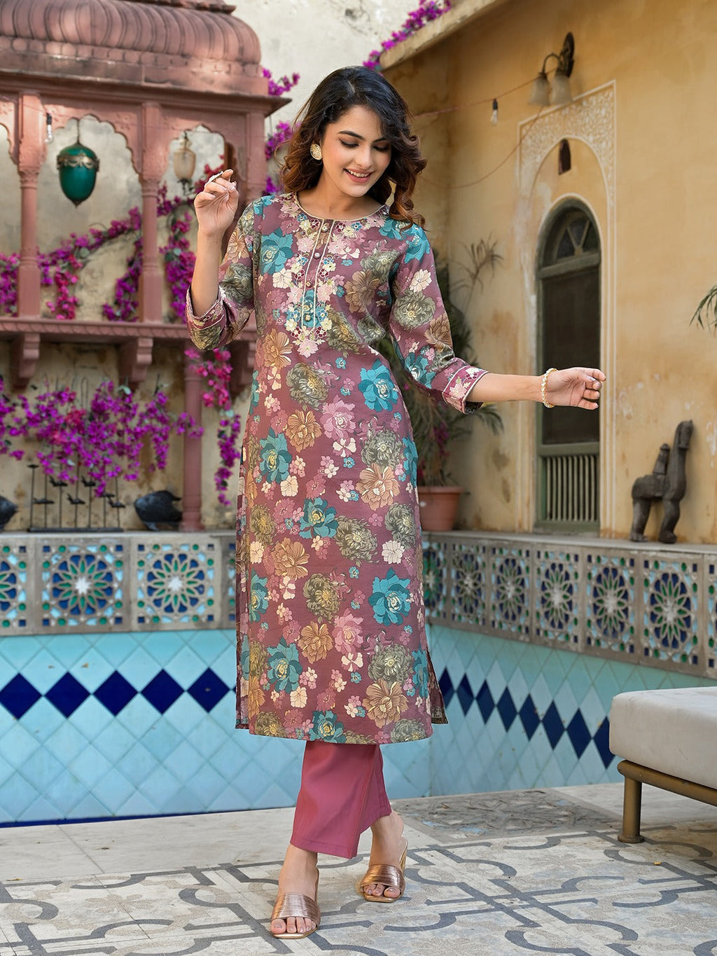 Yufta Mauve Floral,Thread_Work Kurta Trouser Set