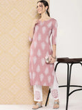 Yufta Mauve Women Ethnic Motifs Printed Regular Kurta with Trousers
