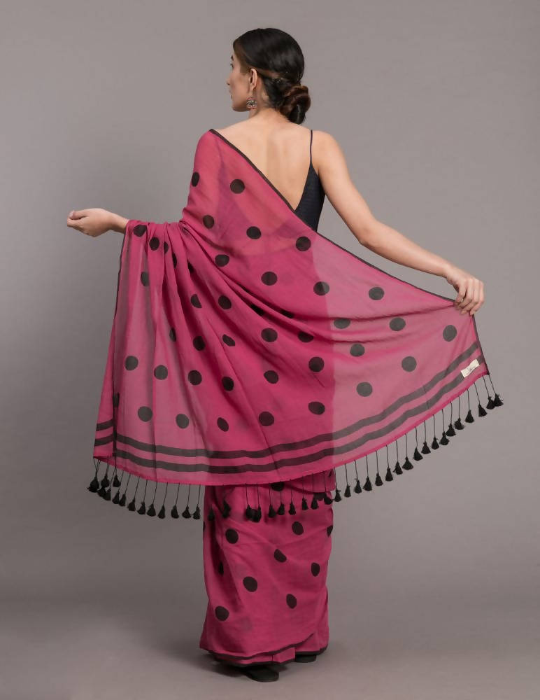 Suta Pink Black Polka Printed Pure Cotton Saree
