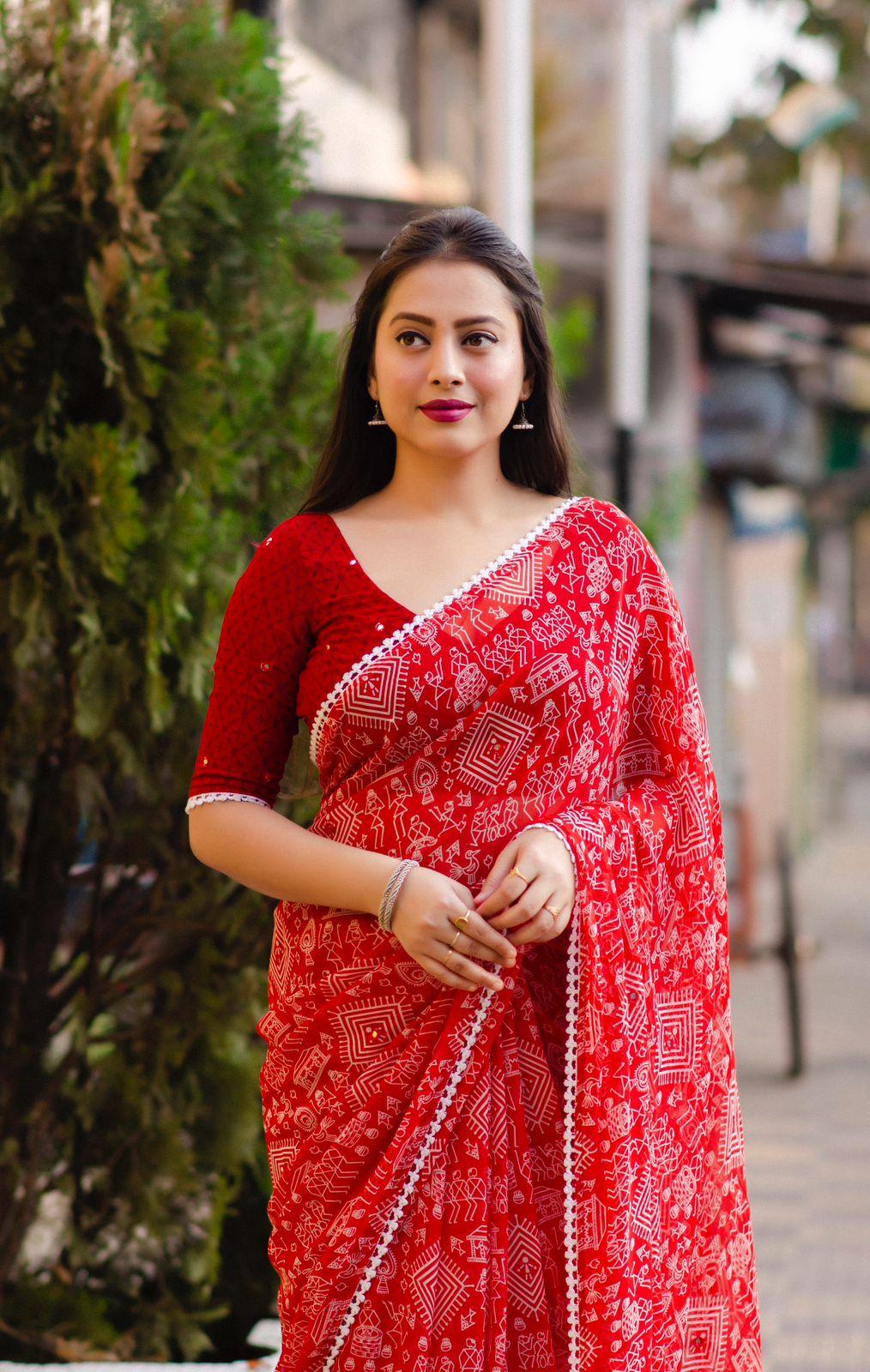 Red Poly Georgette Ethnic Motifs Saree with Unstitched Blouse - Hiral Fashion