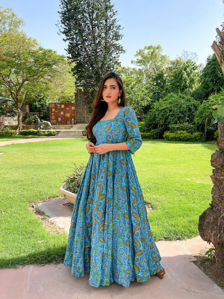 Jyoti Fashion Women's Turquoise Heavy Digital Printed Cotton Silk Anarkali Dress